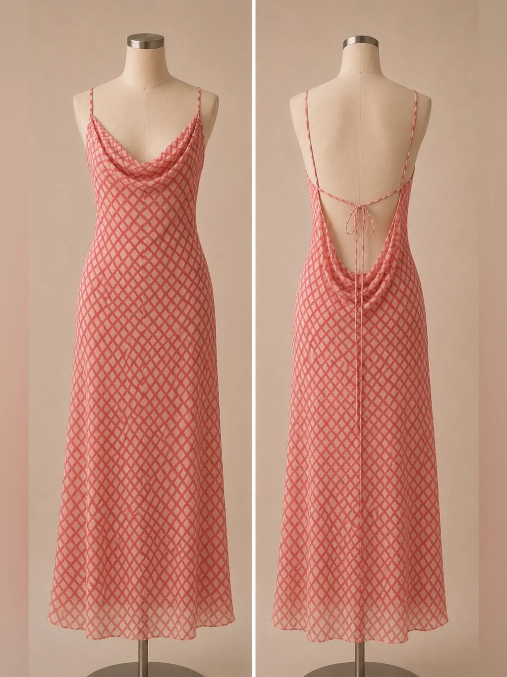 Zara Rose Pink Mesh Cowl Neck Maxi Dress Open Back Sheer Slip Dress Sz L - Picture 10 of 17